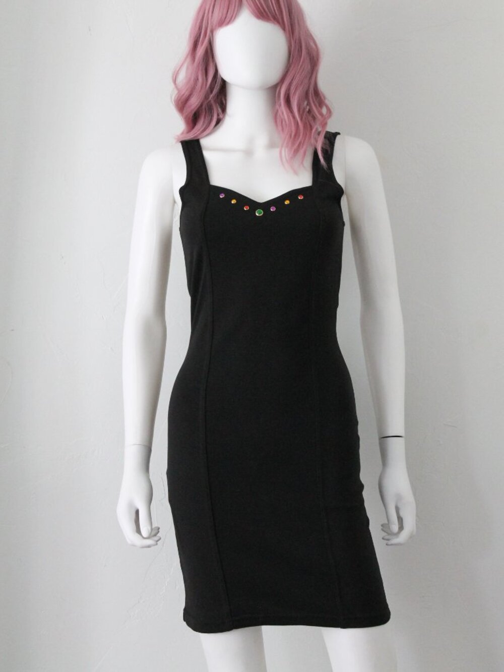 Vintage 90's Black Bodycon Dress with Faux Gem Detail, Flying Colors Dress
